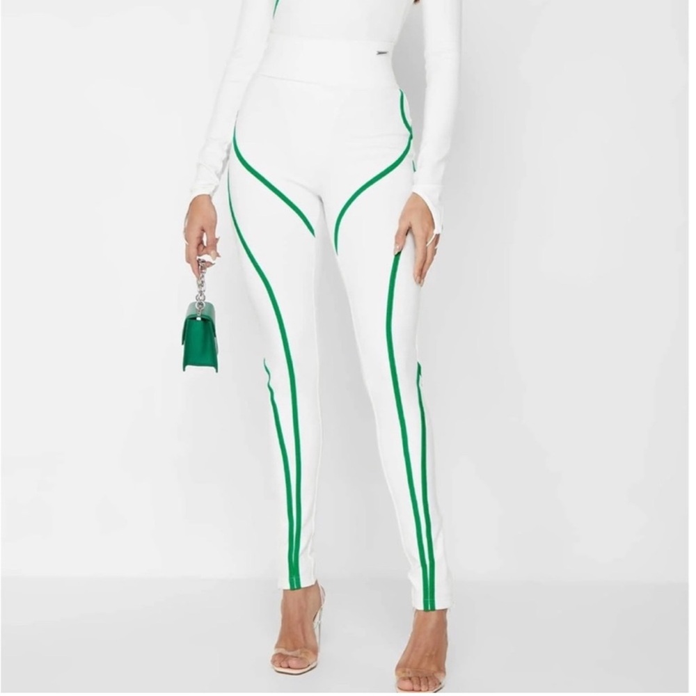 Maniere De Voir White Leggings with Green Trim